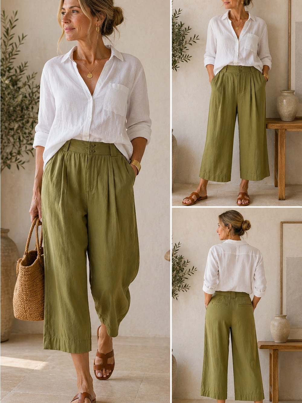 Anthropologie Olive Green Wide Leg Crop Pants Pleated High Rise Size 4